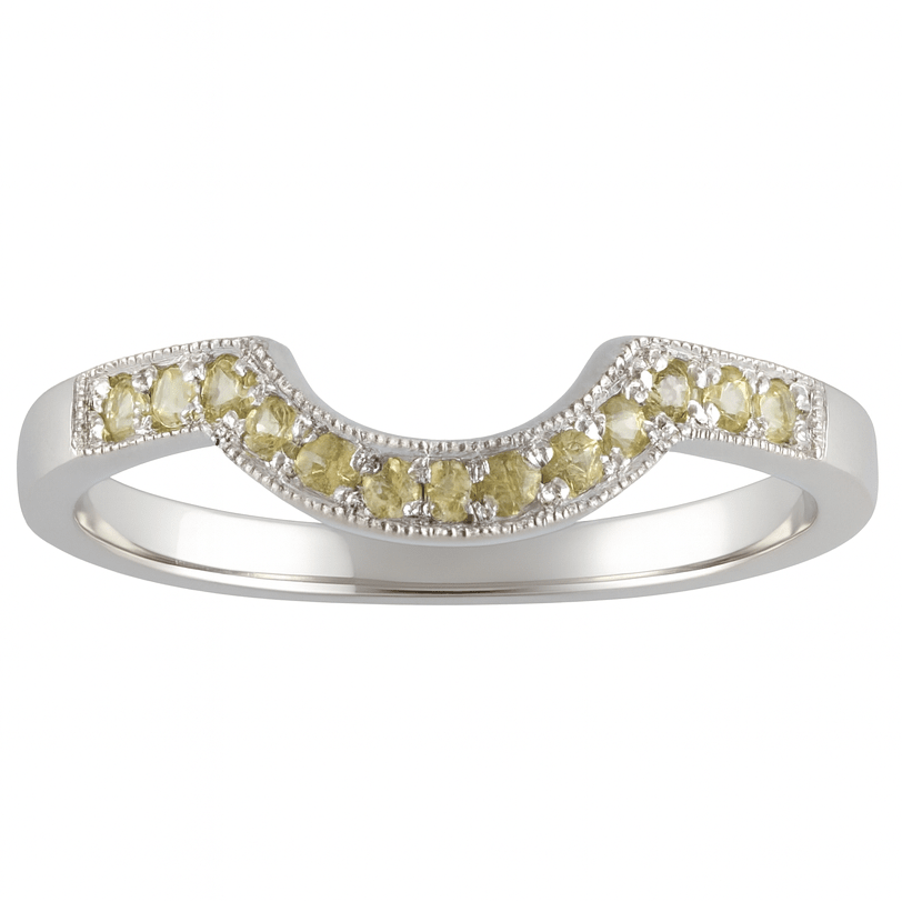 curved band with natural sapphire wedding ring in platinum.
