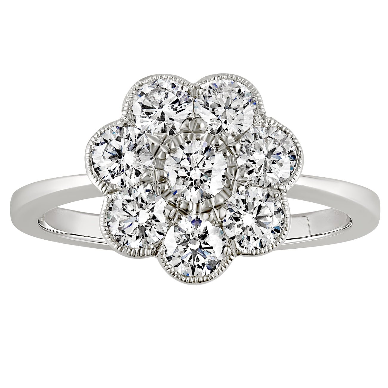Edwardian style diamond cluster ring is set with eight diamonds in platinum. Made in the UK
