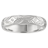 Floral engraved wedding band in plaitnum. made in hatton garden