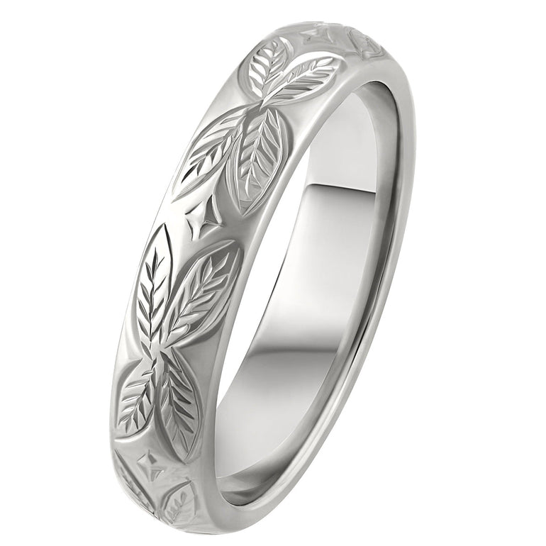 hand engraved with leaf pattern wedding band in platinum. made in london