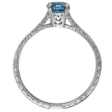 Scroll pattern hand engraved ring with aquamarine and side diamonds engagement ring. Made in the UK