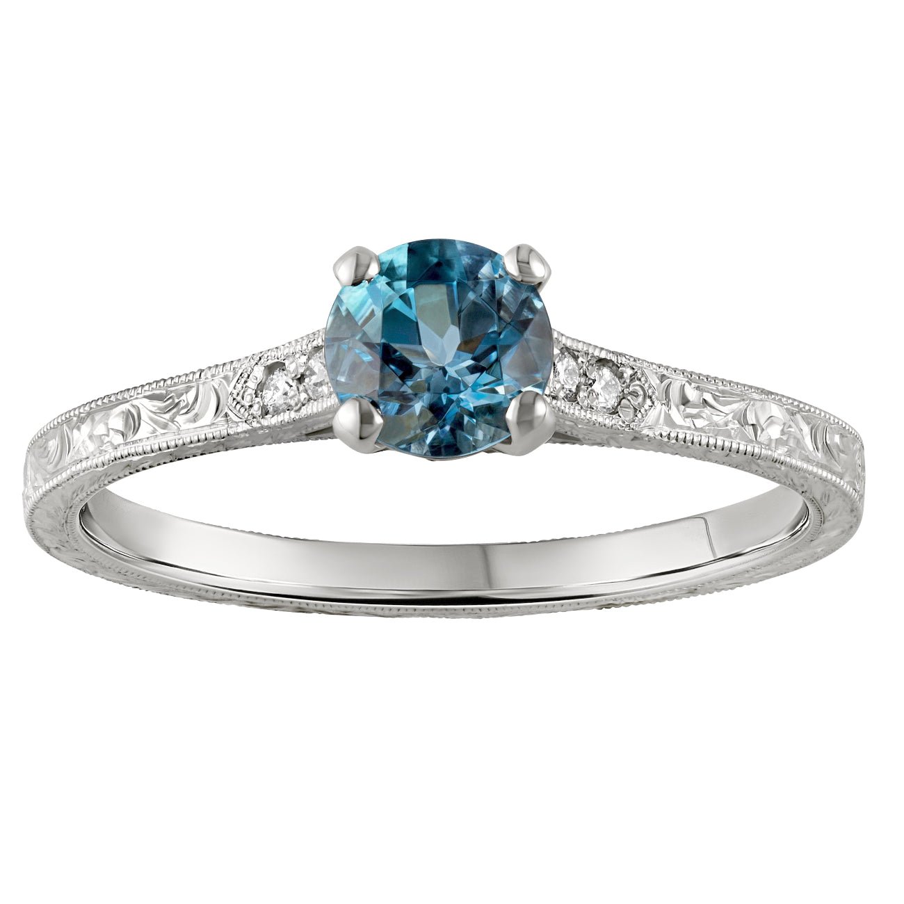 scroll hand engraved and aquamarine centre stone with sides diamond engagement ring in platinum