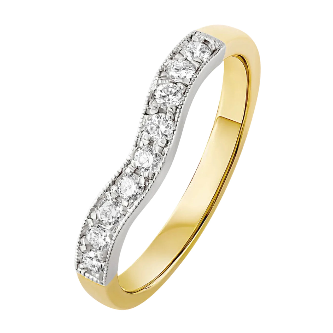 Two tone wedding ring in 18 carat yellow gold and platinum. Made in London
