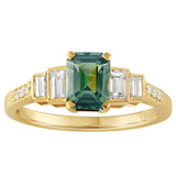 Art deco ring with Green Sapphire and diamonds in 18ct yellow gold. Made in the UK
