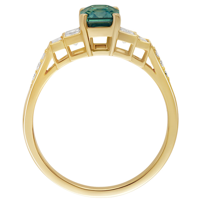 Green Sapphire and diamond engagement ring in 18ct yellow gold. Made in London