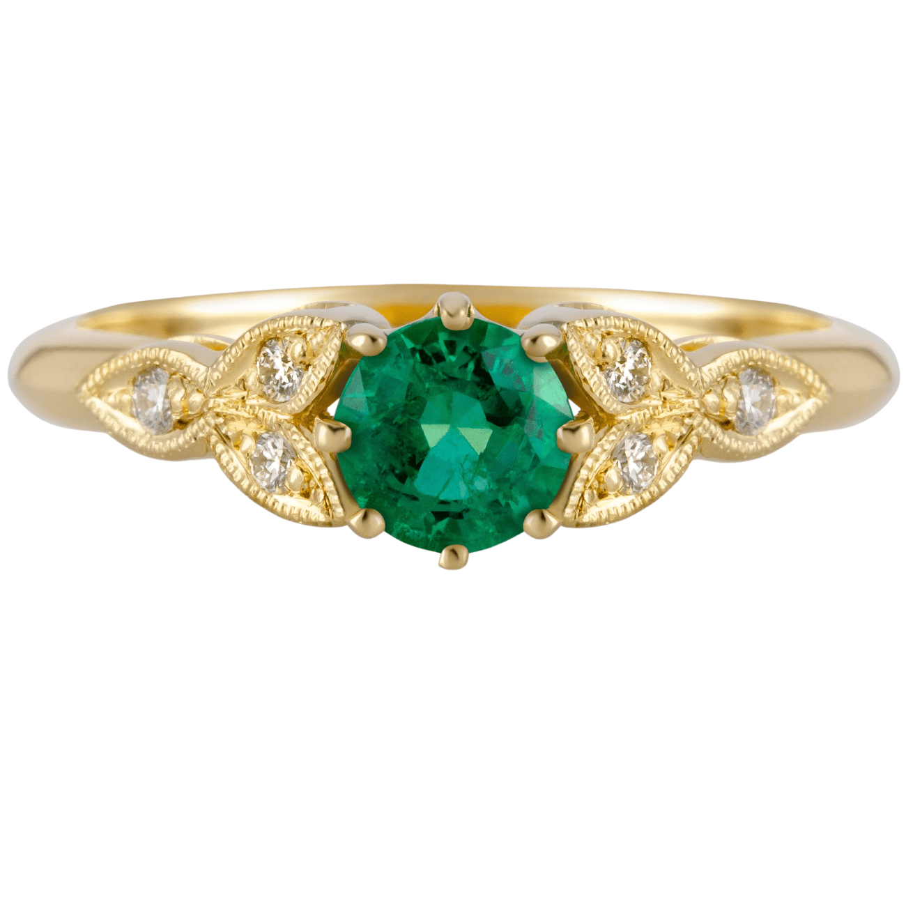 Floral design ring with round emerald gemstone with diamonds in 18ct yellow gold made in the UK