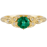 Floral design ring with round emerald gemstone with diamonds in 18ct yellow gold made in the UK