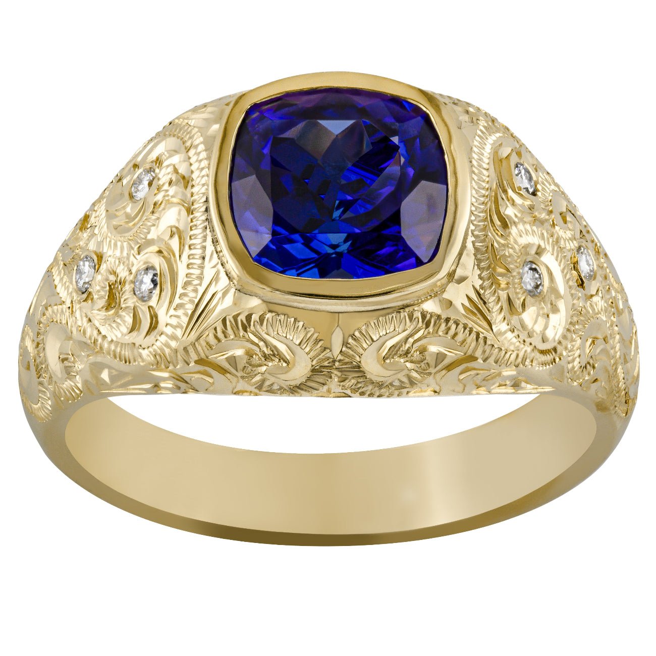 Gold ring with a blue gemstone and diamond accents on a white background