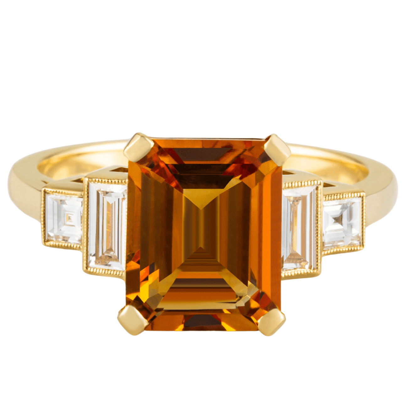 18 carat gold ring with a large citrine orange gemstone and smaller white stones on a white background