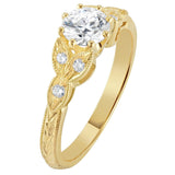 Edwardian style ring with a round diamond with floral engraving made in the UK