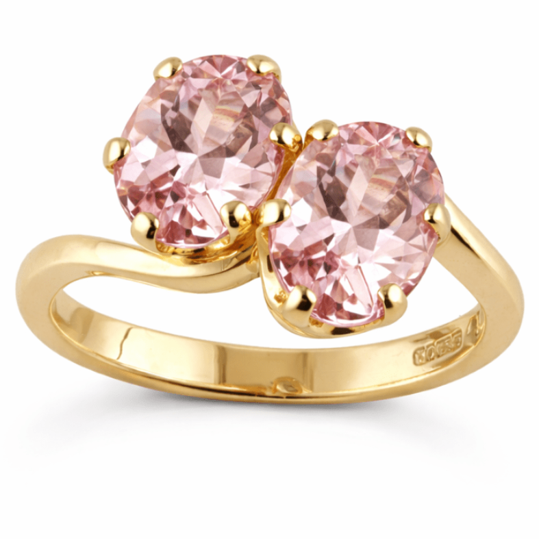 Toi et moi ring with morganite gemstones in 18ct yellow. Made in Hatton Garden , UK.