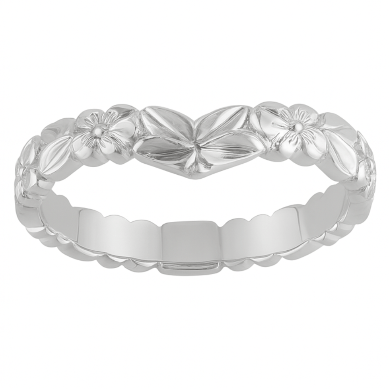 Silver ring with floral design on a white background