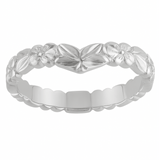 Silver ring with floral design on a white background