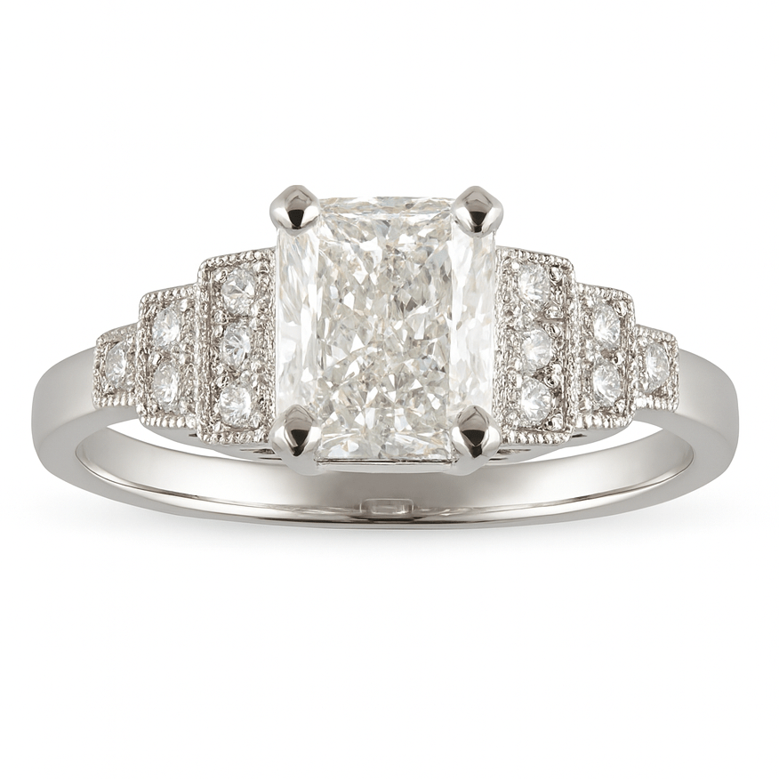 Diamond ring with a central gemstone and smaller diamonds on a white background