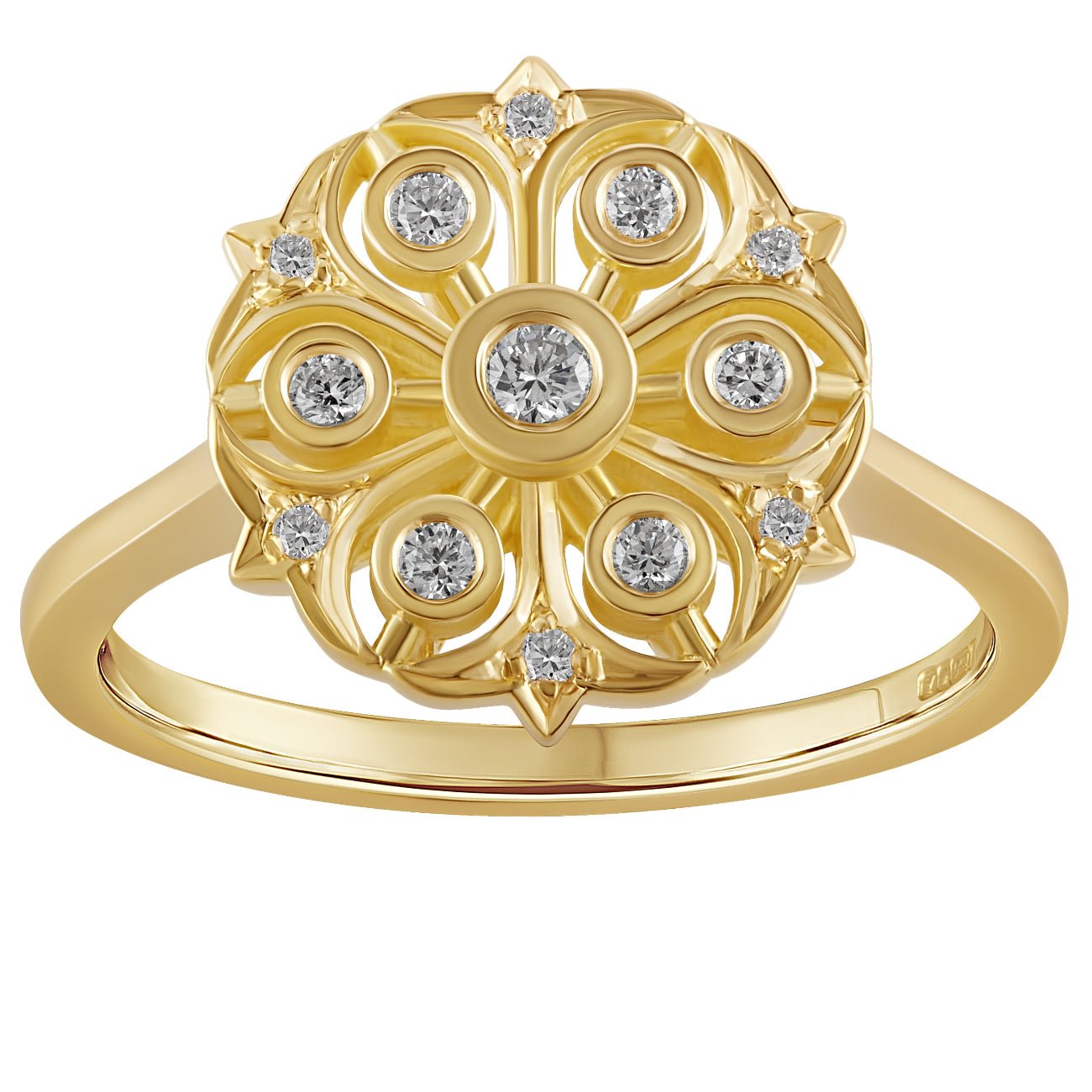 18 carat yellow gold diamond cluster engagement ring featuring a floral-inspired design with round brilliant-cut diamonds. Made in the UK.