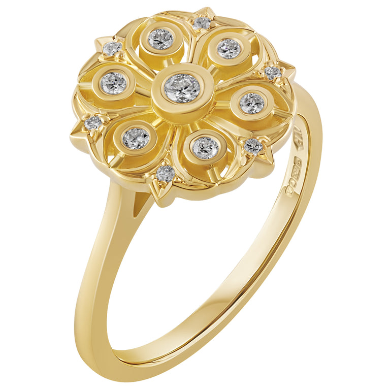 diamond flower shape cluster ring with round diamonds in 18ct yellow gold. Made in London.