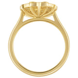 18ct yellow gold diamond engagement ring featuring a floral cluster of round brilliant-cut diamonds. Made in Hatton Garden