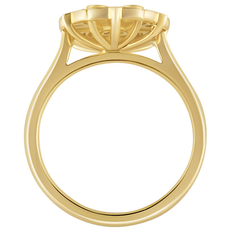 18ct yellow gold diamond engagement ring featuring a floral cluster of round brilliant-cut diamonds. Made in Hatton Garden
