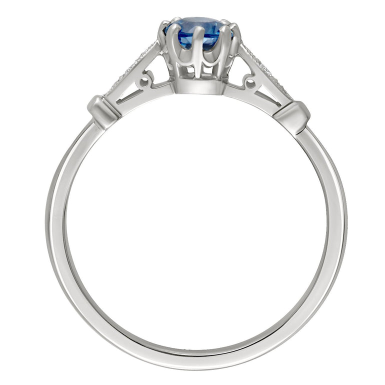 edwardian style aquamarine engagement ring with diamonds. Made in london