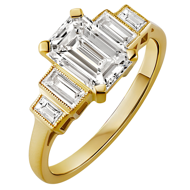 Emerald Cut Diamond Ring with Baguettes in 18ct Yellow Gold. Made in the Hatton Garden