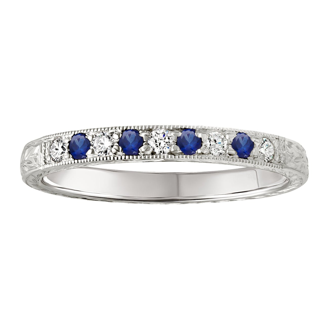 Blue Sapphire and diamond with laurel engraving wedding ring in platinum. Made in London