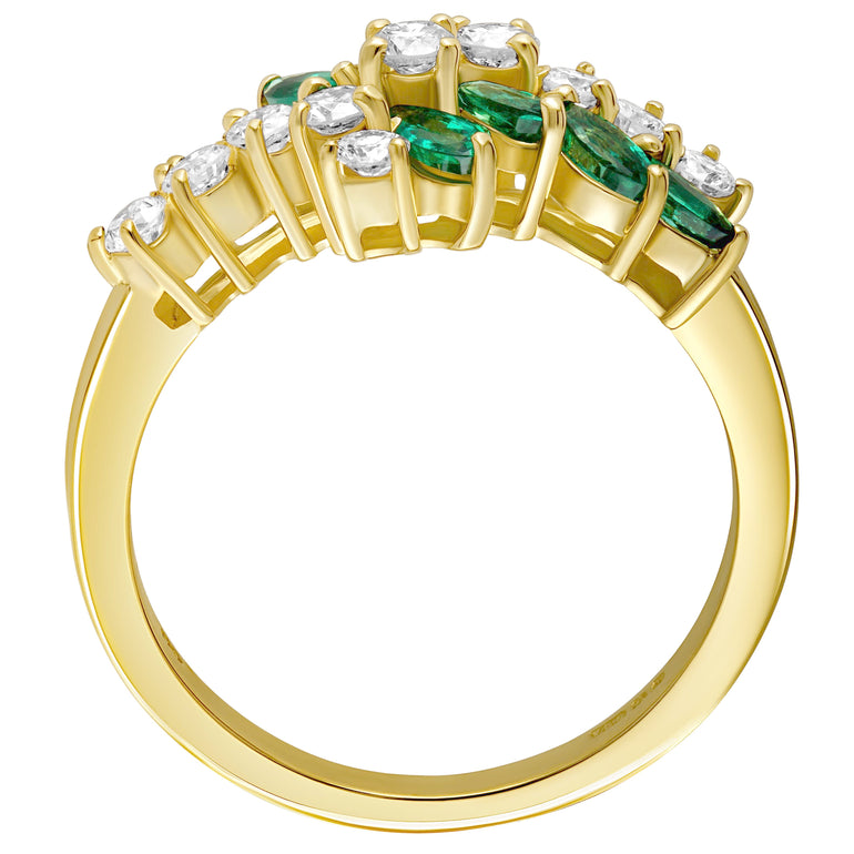 Large cluster ring with marquise-cut emeralds and round diamonds. Vintage style. Made in London.