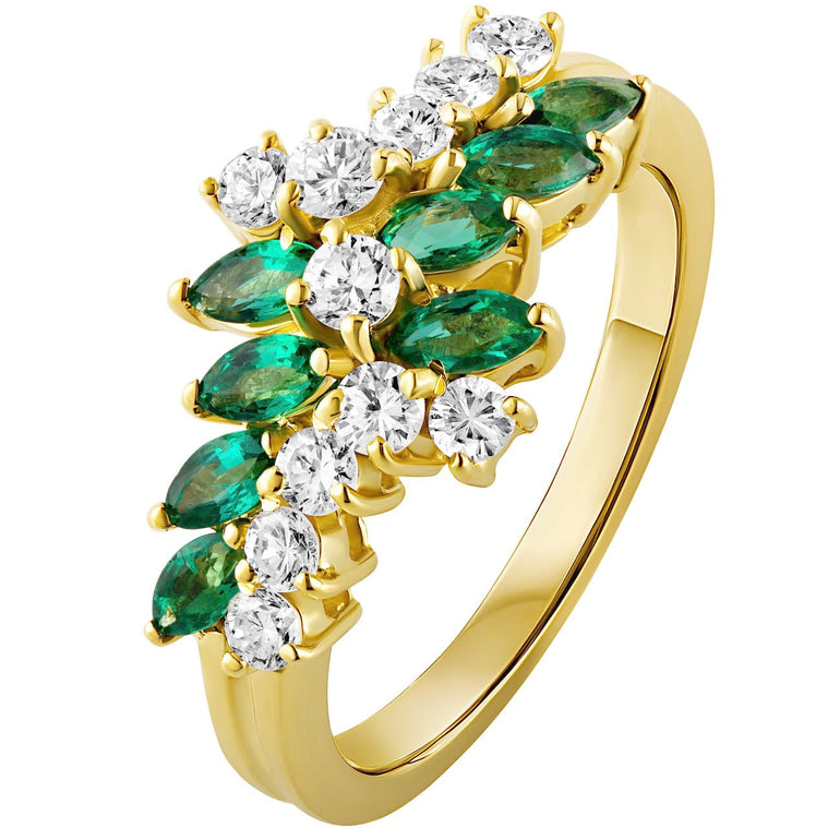 18ct yellow gold ring set with green marquise emeralds and round diamonds. Made in Hatton Garden