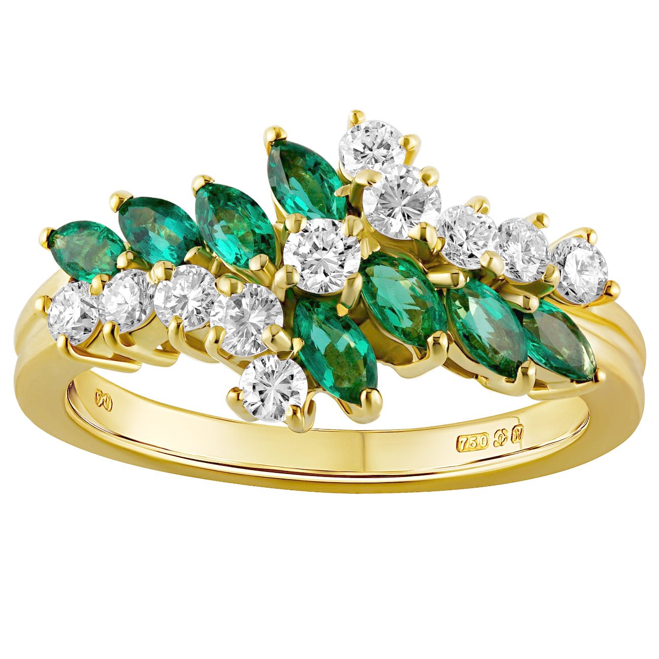 Marquise-cut emerald and round diamond cluster ring in 18ct yellow gold with a floral design. Made in London