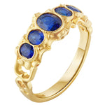 Vintage style 18ct yellow gold ring set with five graduating blue sapphires with motif band. Made in Hatton Garden