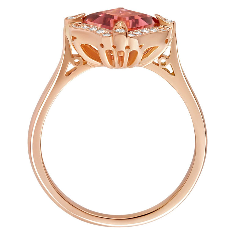 Pink sapphire and diamond cluster engagement ring in 18ct rose gold. Made in the UK