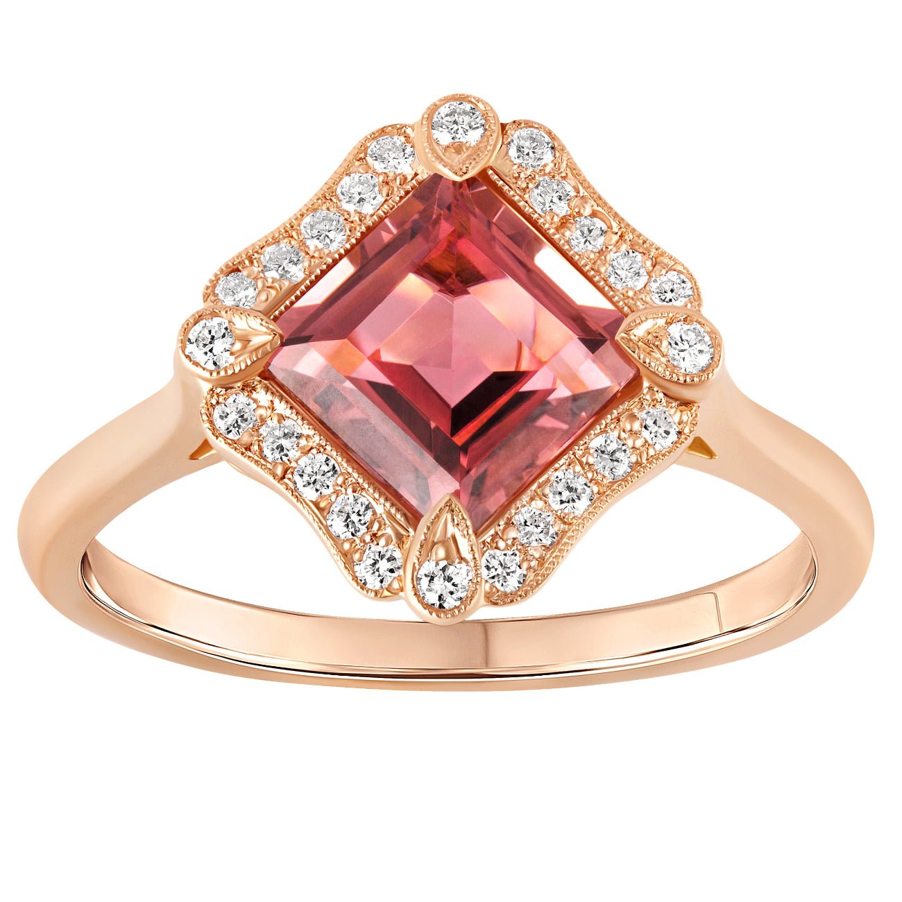Art Deco style pink tourmaline and diamond cluster ring in rose gold with a square-cut tourmaline centre and diamond halo. Made in London.