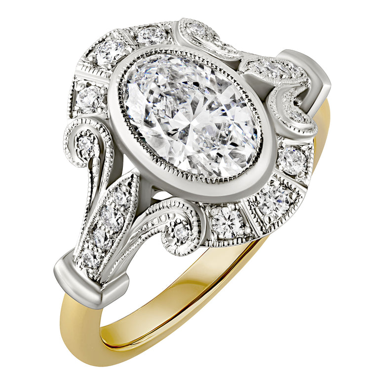 Oval centre lab grown diamond ring surrounded by natural diamonds in platinum and 18 carat yellow gold setting. Made in Hatton Garden