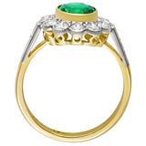 Oval emerald and diamond cluster ring in yellow gold and platinum with vintage style halo. Made in London