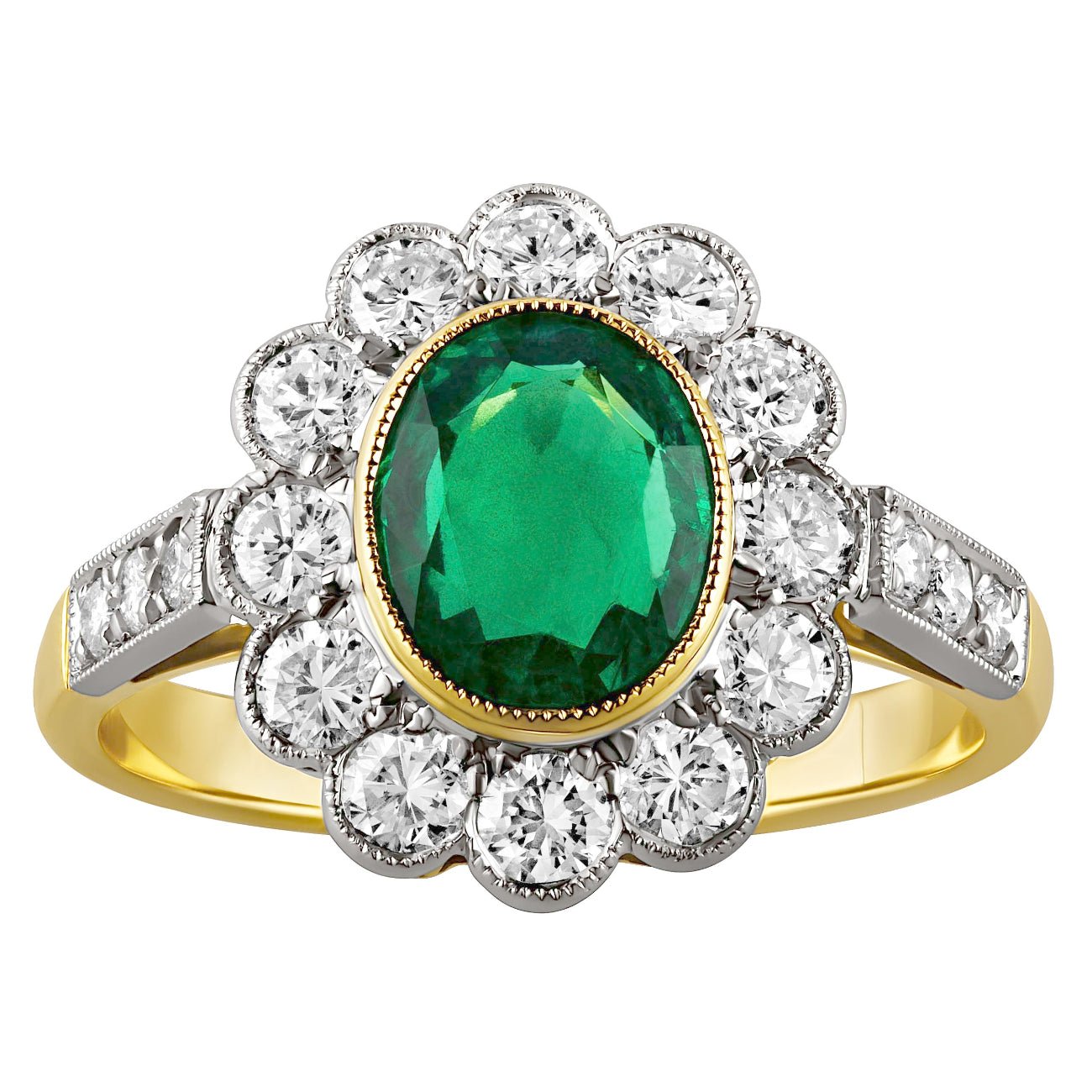 Vintage style engagement ring with emerald and diamond cluster ring in 18ct yellow gold and platinum. Made in the UK