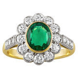 Vintage style engagement ring with emerald and diamond cluster ring in 18ct yellow gold and platinum. Made in the UK
