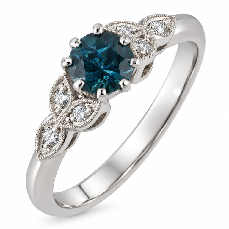Montana Teal sapphire ring with floral diamond leaves in platinum