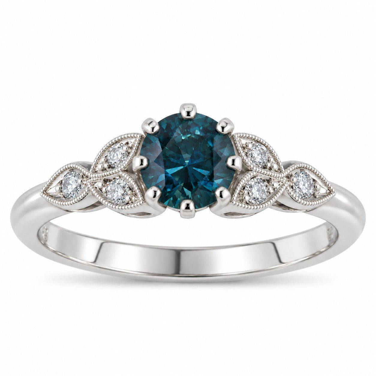 Montana Teal sapphire ring with floral diamond leaves in platinum