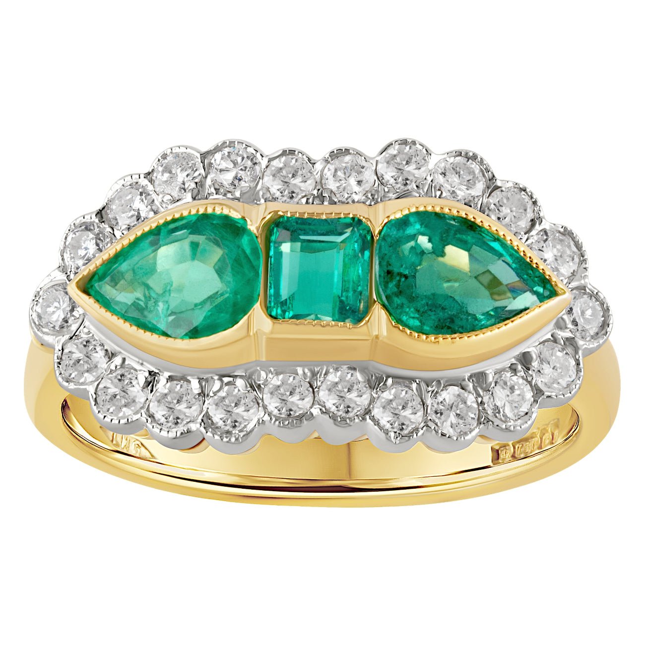 emerald and diamond cluster ring in yellow gold, featuring three green emeralds surrounded by a halo of round brilliant diamonds. Made in the UK.