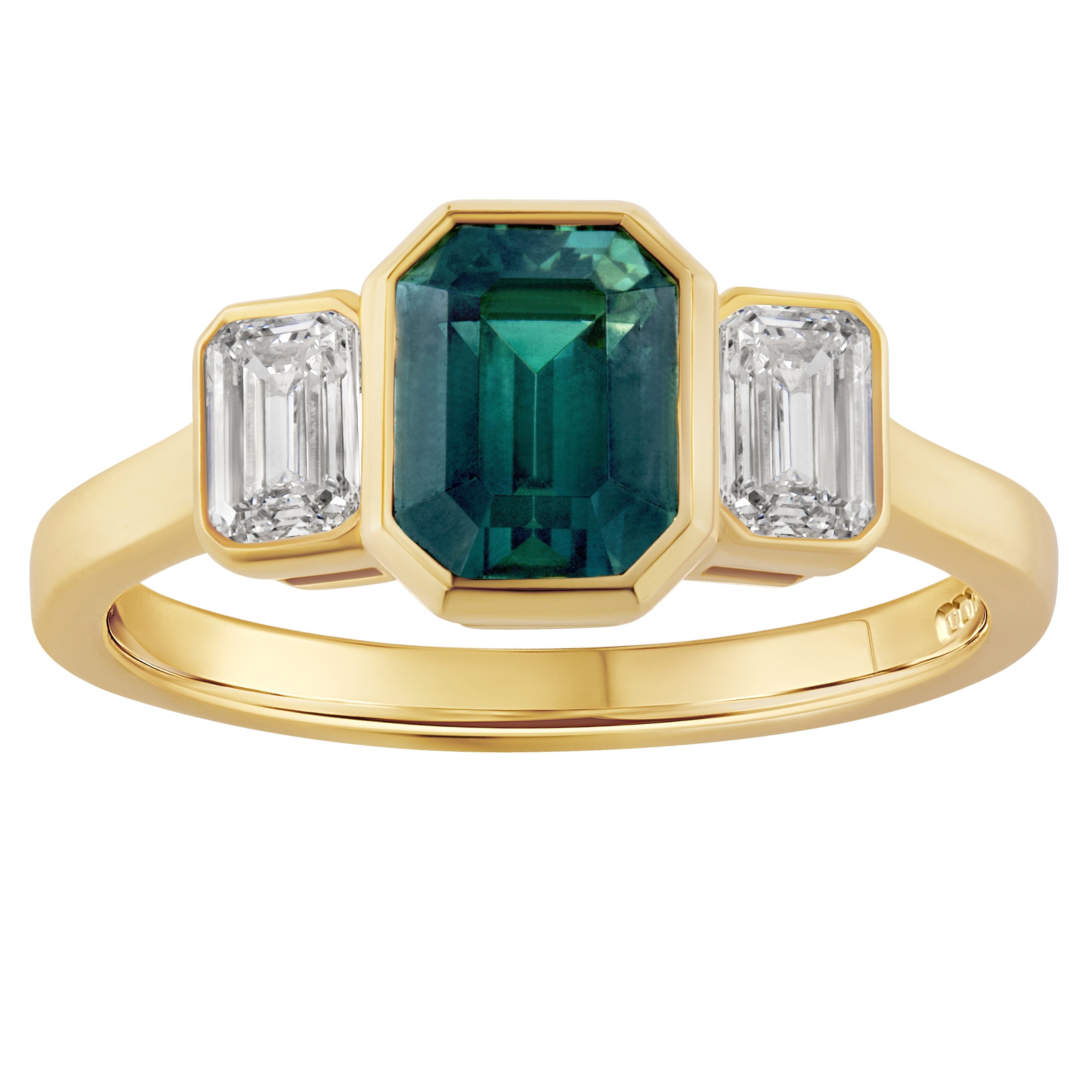 Teal Sapphire and diamond rubover ring. Made in London