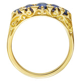 Antique-inspired Victorian sapphire and diamond half hoop ring with engraved gold band. Made in the UK.