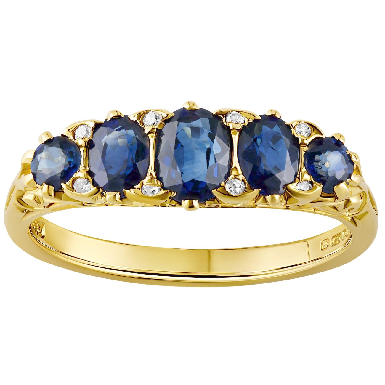 Five-stone blue sapphire half hoop ring with diamond points and carved scrollwork in yellow gold. Made in the UK