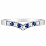 Diamond and blue sapphire wishbone wedding ring in platinum 