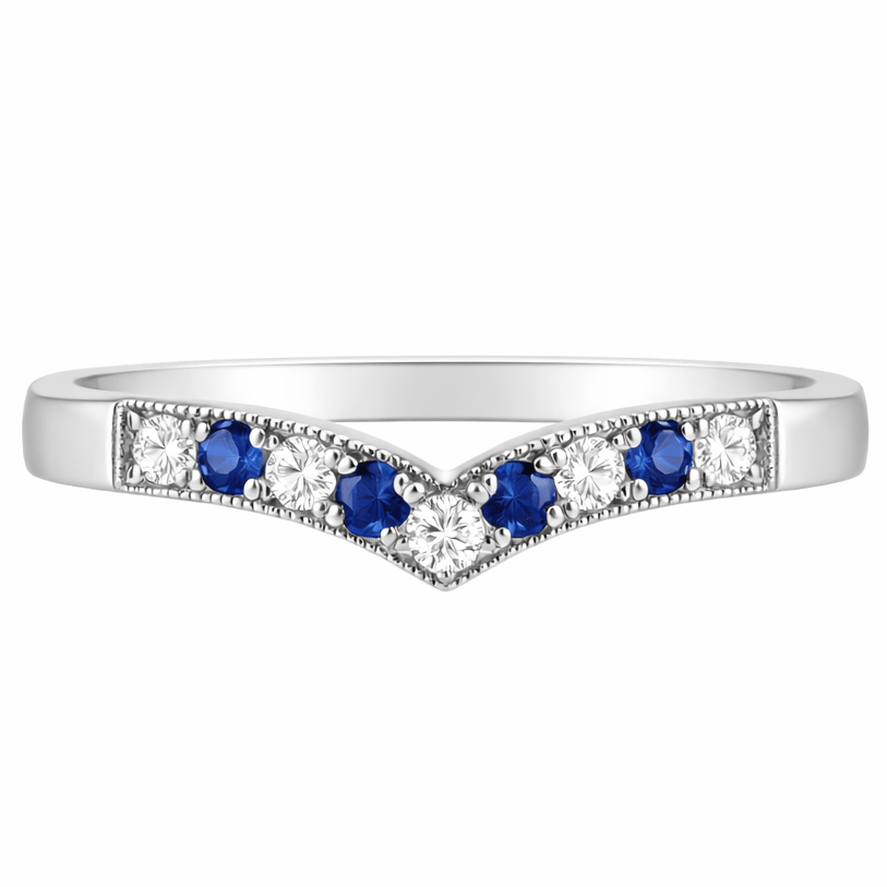 Diamond and blue sapphire wishbone wedding ring in platinum 