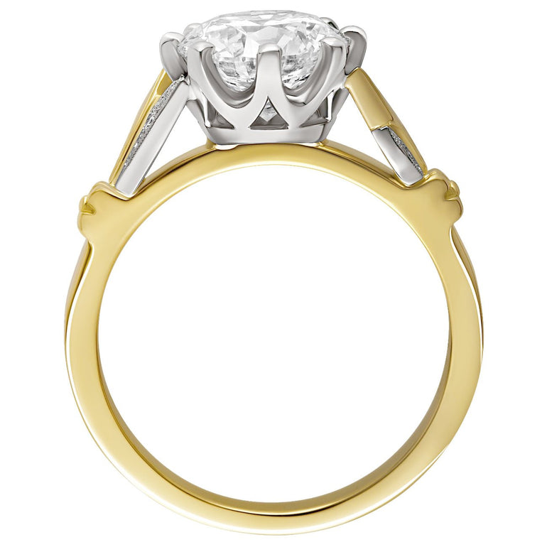 Vintage style engagement ring with round-cut lab grown diamonds and diamond shoulders
