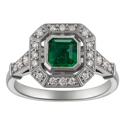 Art Deco emerald diamond engagement ring in platinum