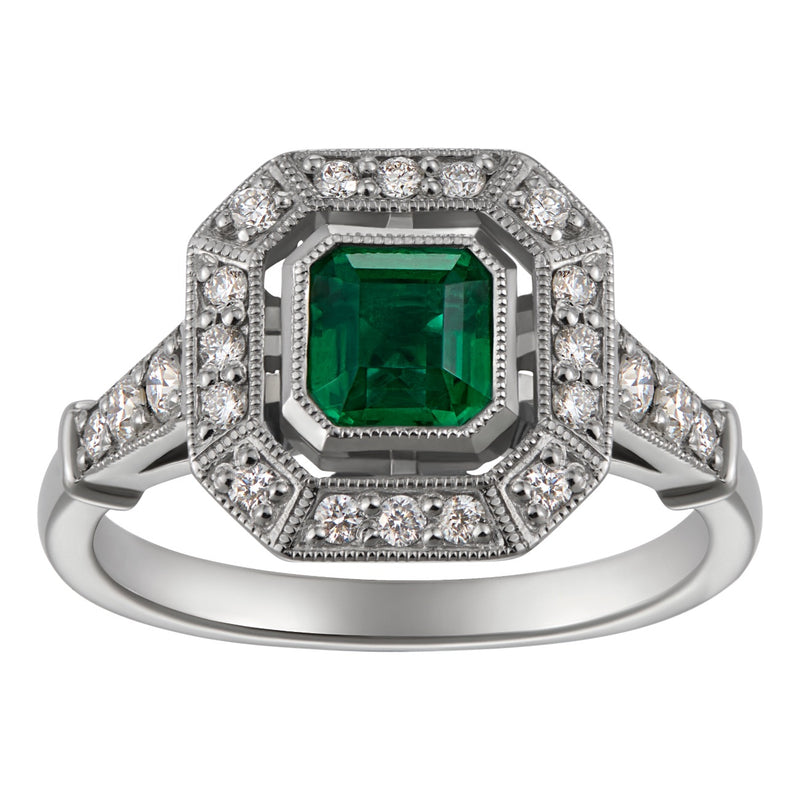 Art Deco emerald diamond engagement ring in platinum