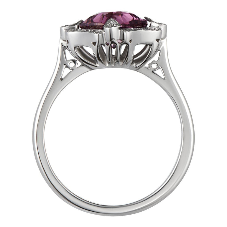 Art Deco pink sapphire engagement ring with diamonds set in platinum