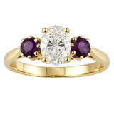 Trilogy ring with round amethyst and oval diamond in 18ct yellow gold. Made in Hatton Garden in London UK