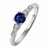 Vintage style Blue sapphire centre ring with geometric square setting and diamond. Made in London
