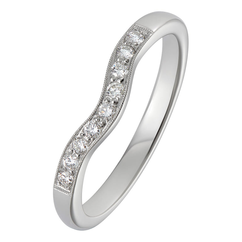 Curved diamond wedding ring in white gold